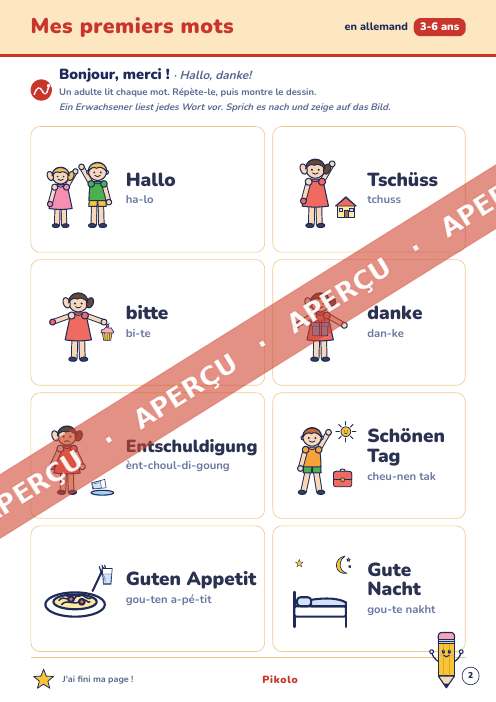 Page Bonjour, merci du cahier Mes premiers mots en allemand