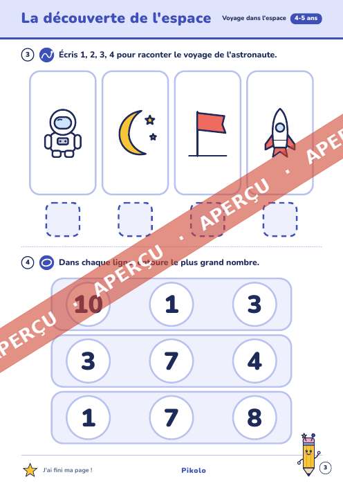 Page d’exercices du cahier Voyage dans l’espace