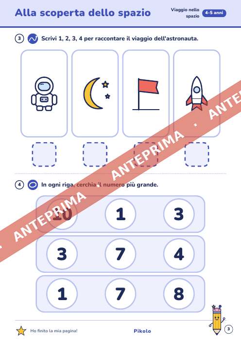 Pagina di esercizi del quaderno Viaggio nello spazio